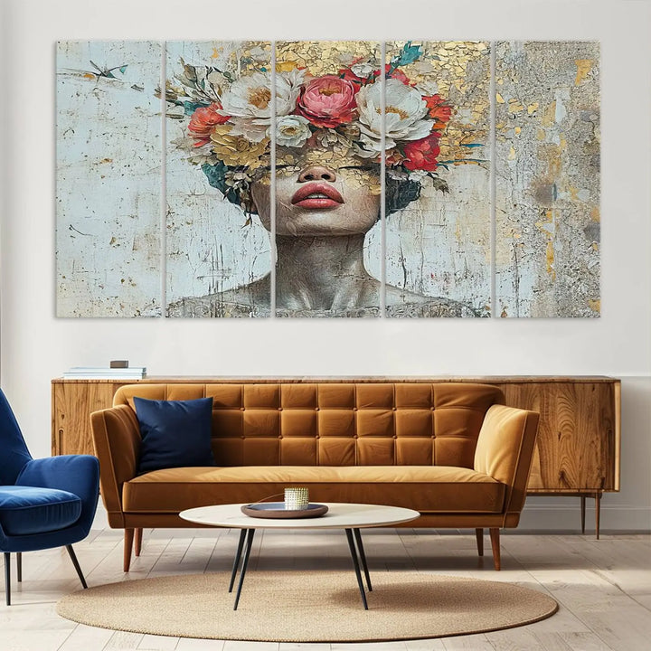 A triptych of the Golden Petal Silhouette Woman Wall Art Canvas Print showcases an abstract portrait featuring a woman adorned with flowers on her head.