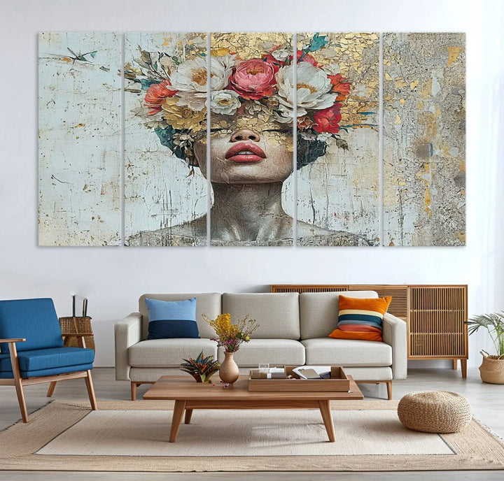 A triptych of the Golden Petal Silhouette Woman Wall Art Canvas Print showcases an abstract portrait featuring a woman adorned with flowers on her head.