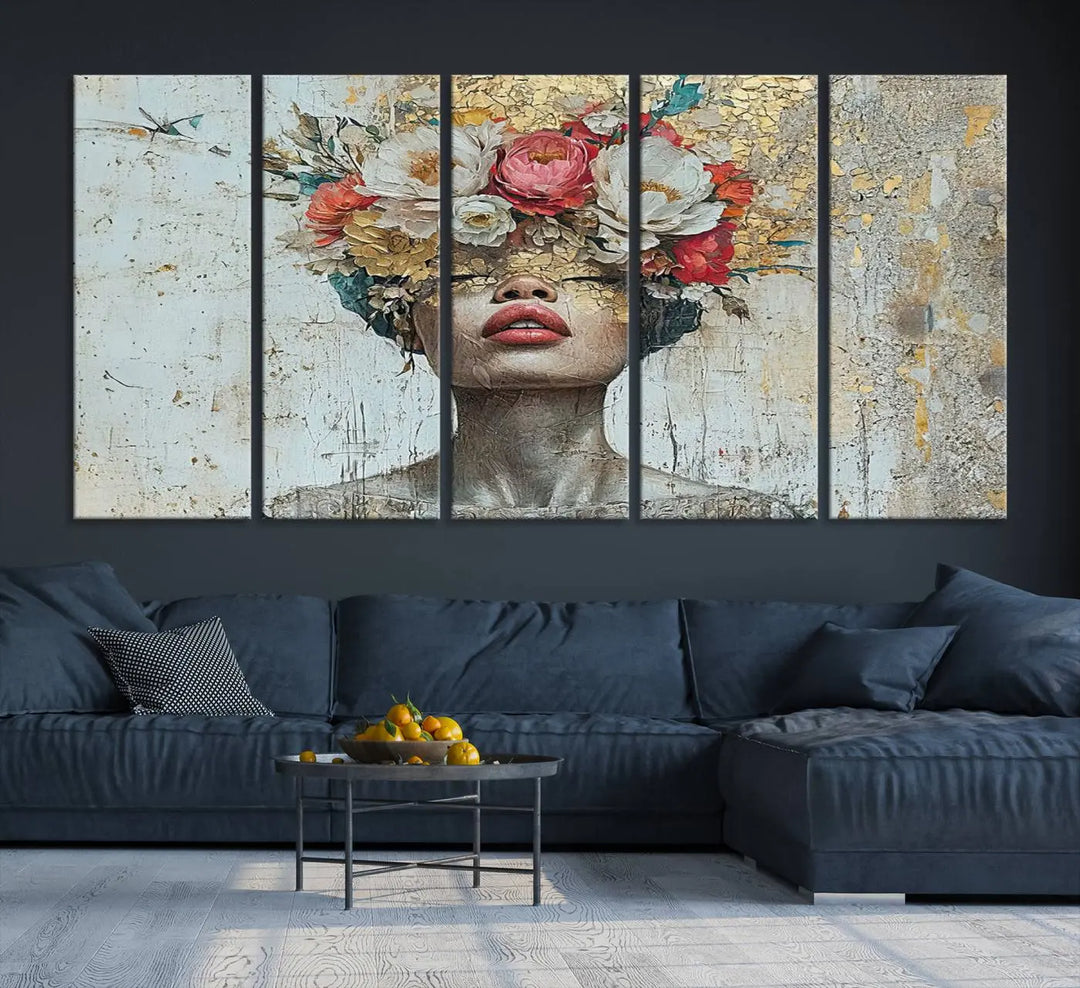 A triptych of the Golden Petal Silhouette Woman Wall Art Canvas Print showcases an abstract portrait featuring a woman adorned with flowers on her head.