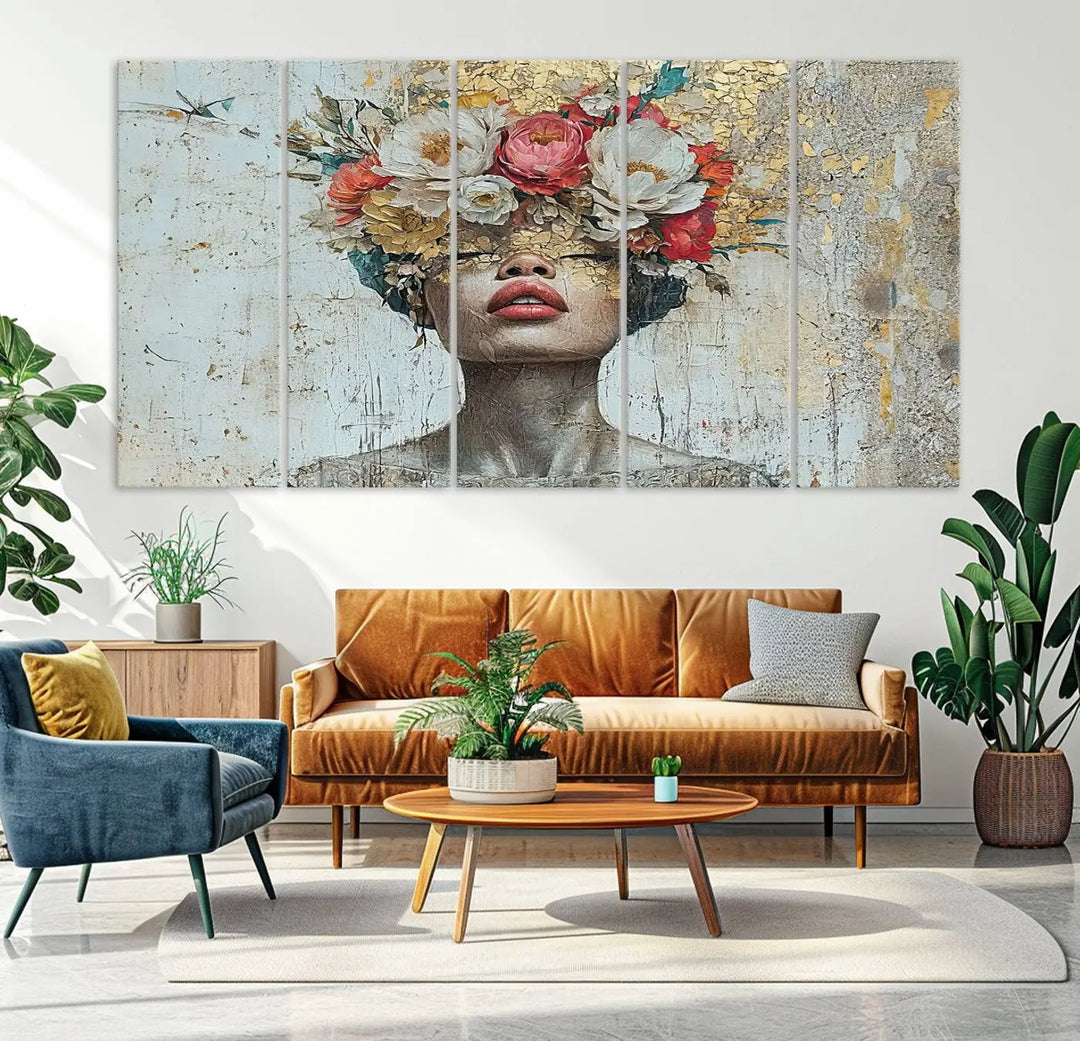 A triptych of the Golden Petal Silhouette Woman Wall Art Canvas Print showcases an abstract portrait featuring a woman adorned with flowers on her head.