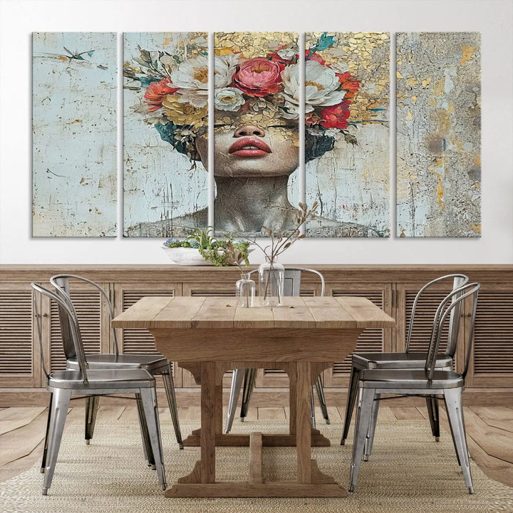 A triptych of the Golden Petal Silhouette Woman Wall Art Canvas Print showcases an abstract portrait featuring a woman adorned with flowers on her head.