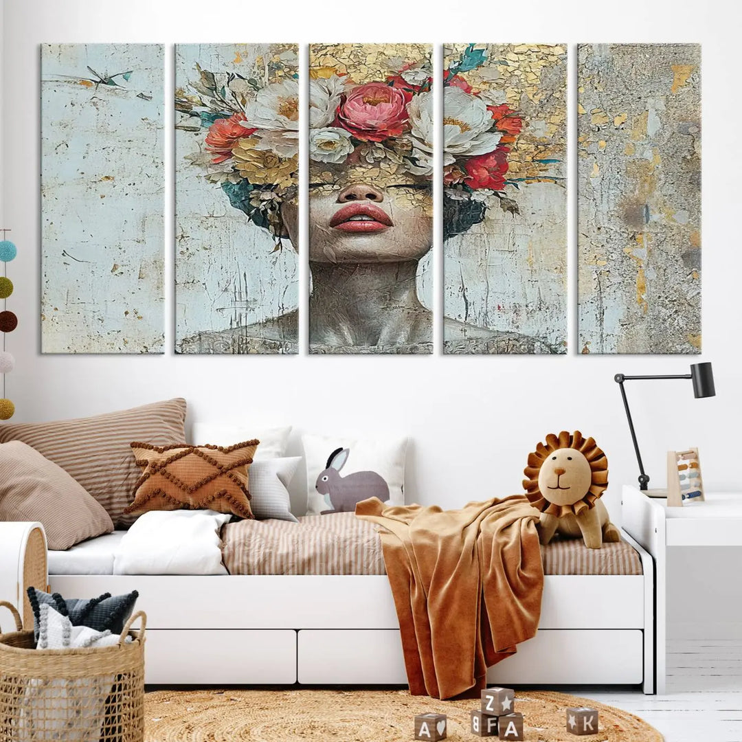 A triptych of the Golden Petal Silhouette Woman Wall Art Canvas Print showcases an abstract portrait featuring a woman adorned with flowers on her head.