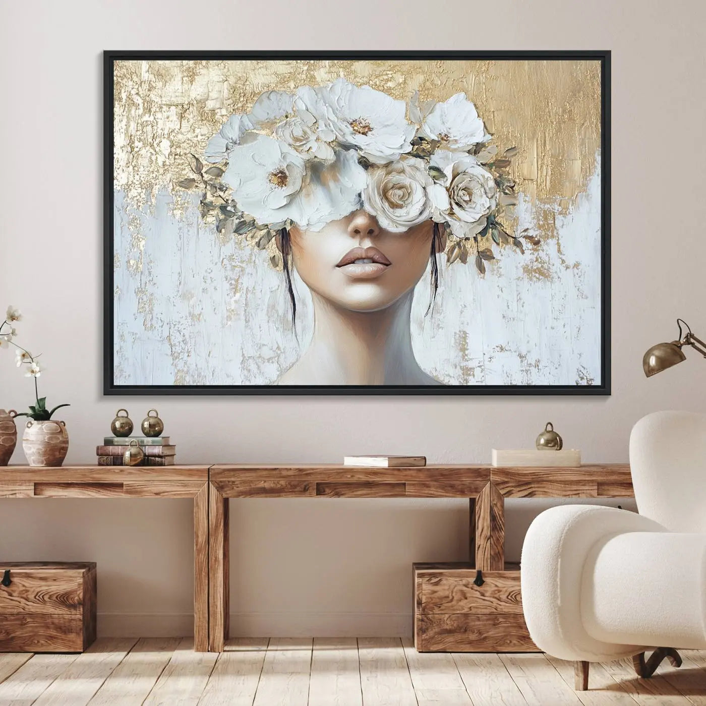 38498-MGV-CV-36X24-Golden Petal Wall Art - Canvas Print Flower Head Woman Painting Floral Woman Portrait Wall Decor, Abstract Portrait Painting