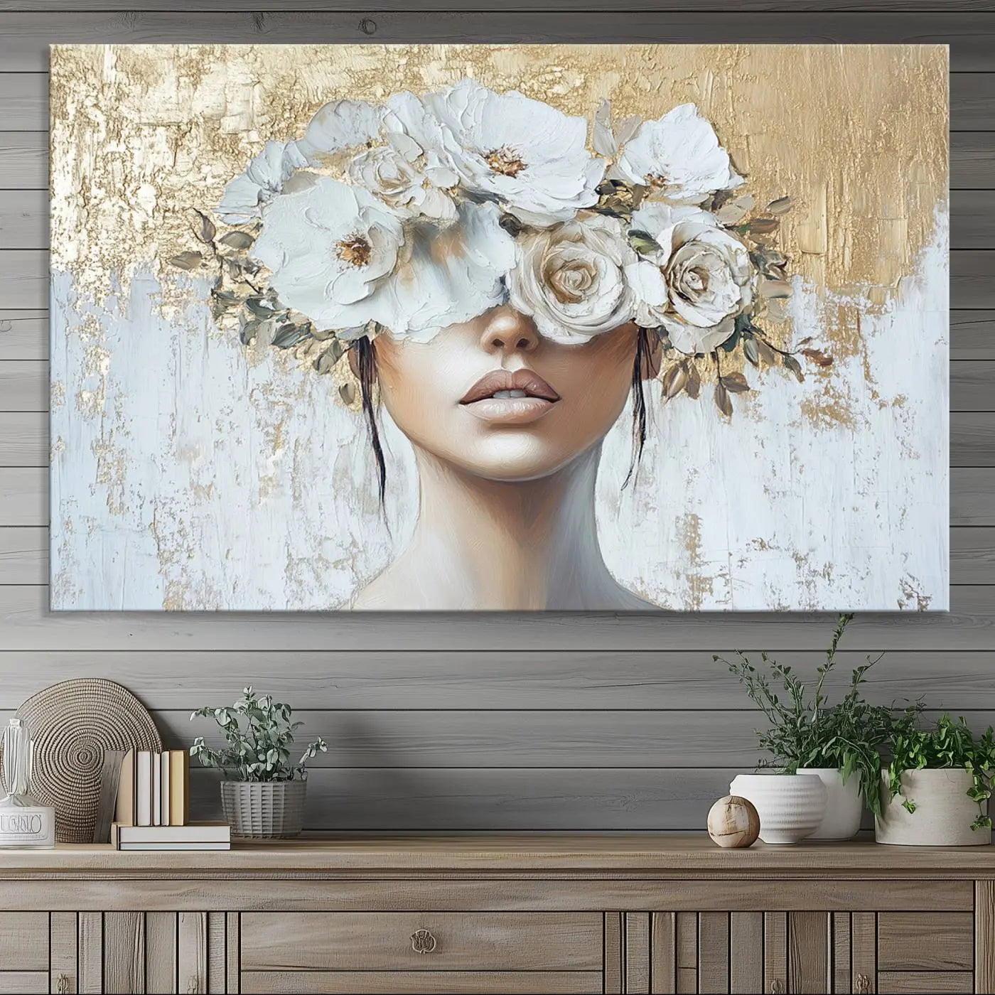 Golden Petal Wall Art - Canvas Print Flower Head Woman Painting Floral Woman Portrait Wall Decor, Abstract Portrait Painting