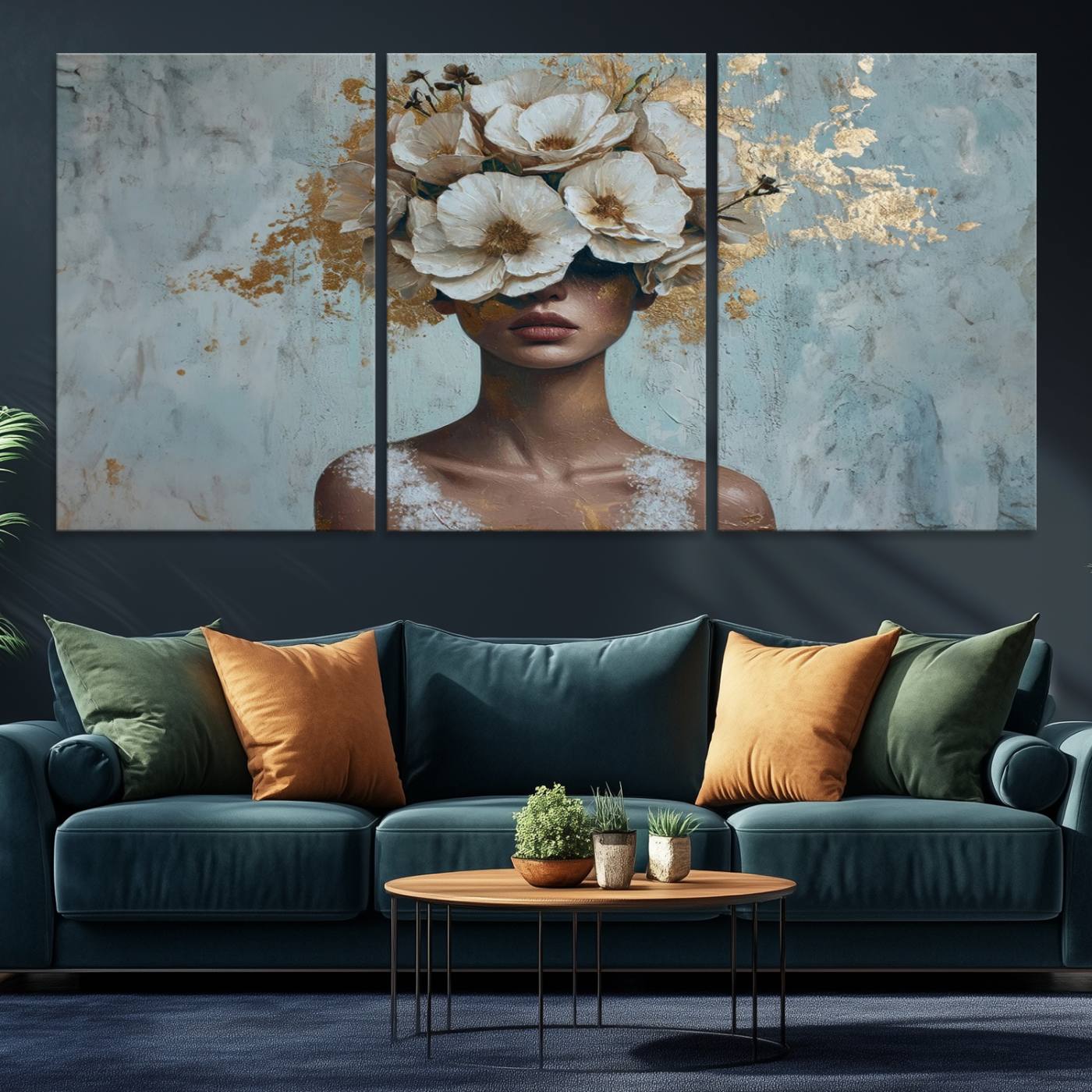 38084-MGV-CV-36X24-Golden Petal Wall Art - Petal Silhouette Woman Wall Art Canvas Print | Large 3-Panel Canvas with Textured Gold Floral Design | Modern Glam