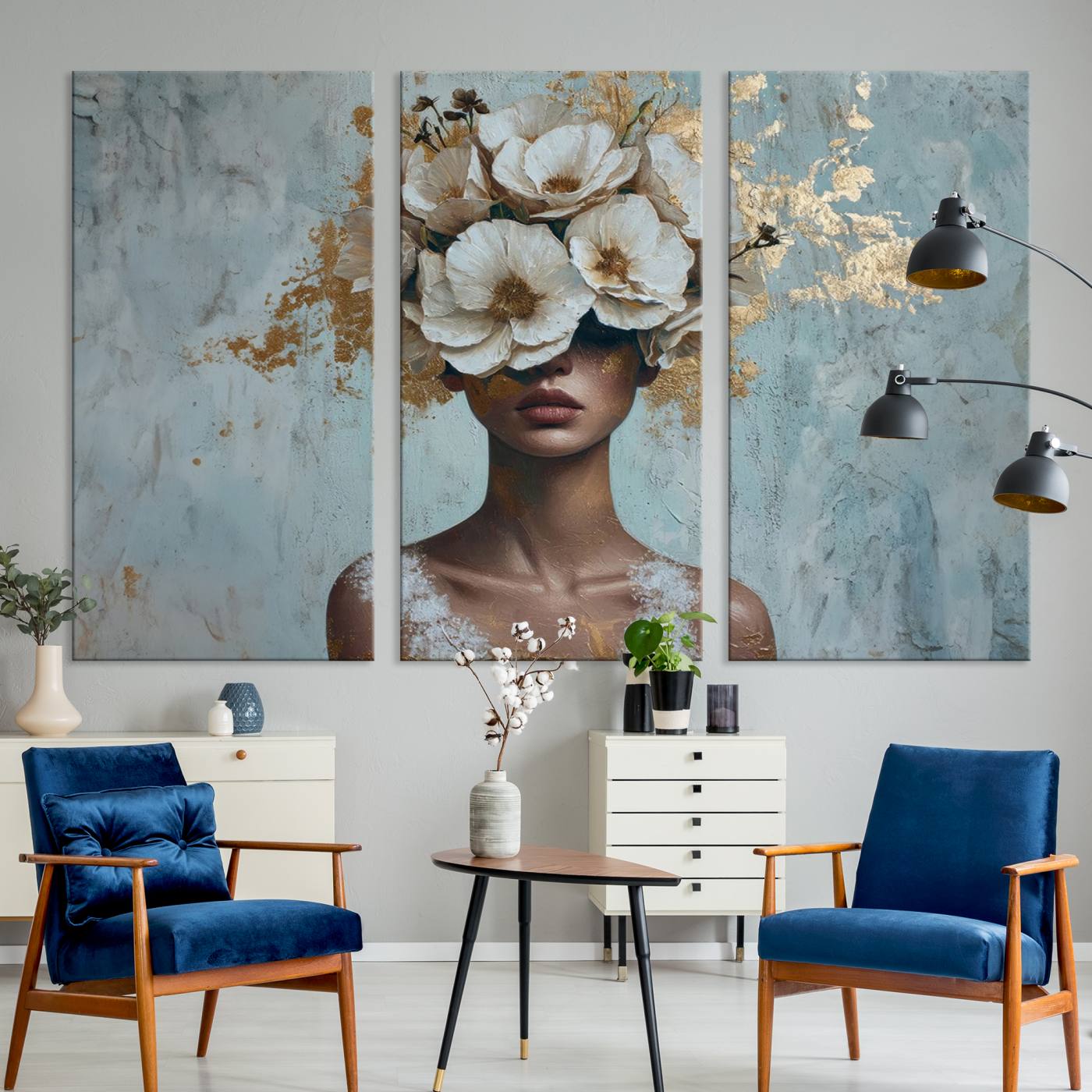 38084-MGV-CV-36X24-Golden Petal Wall Art - Petal Silhouette Woman Wall Art Canvas Print | Large 3-Panel Canvas with Textured Gold Floral Design | Modern Glam