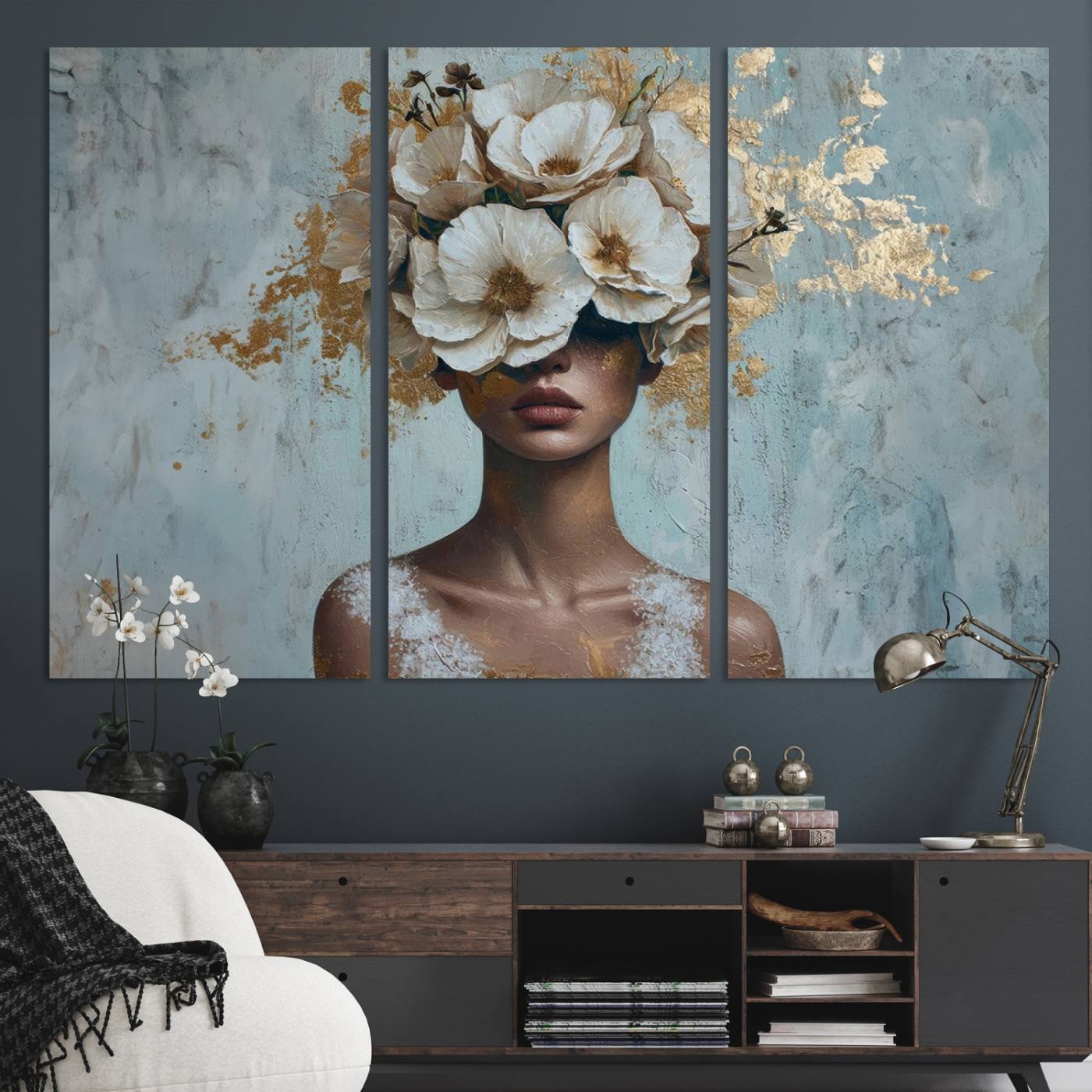 38084-MGV-CV-36X24-Golden Petal Wall Art - Petal Silhouette Woman Wall Art Canvas Print | Large 3-Panel Canvas with Textured Gold Floral Design | Modern Glam