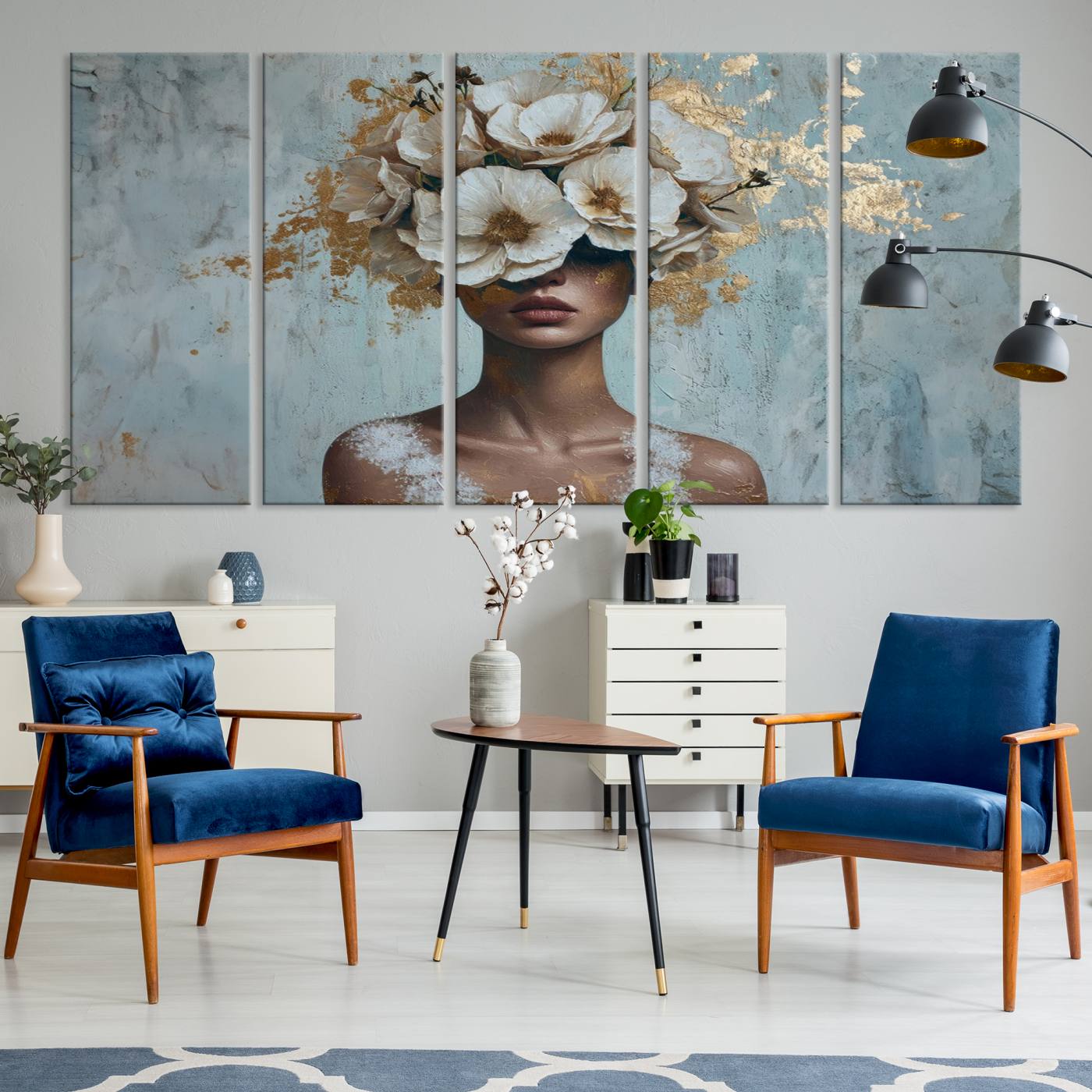 38084-MGV-CV-36X24-Golden Petal Wall Art - Petal Silhouette Woman Wall Art Canvas Print | Large 3-Panel Canvas with Textured Gold Floral Design | Modern Glam