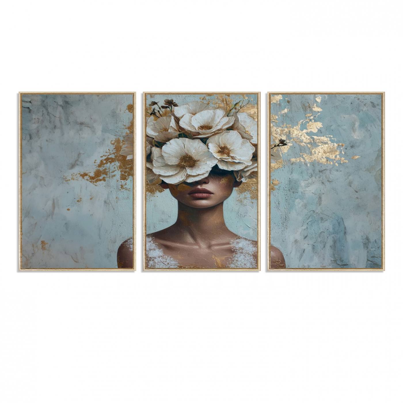 38084-MGV-FC-60X30-3P_Natural-Golden Petal Wall Art - Petal Silhouette Woman Wall Art Canvas Print | Large 3-Panel Canvas with Textured Gold Floral Design | Modern Glam