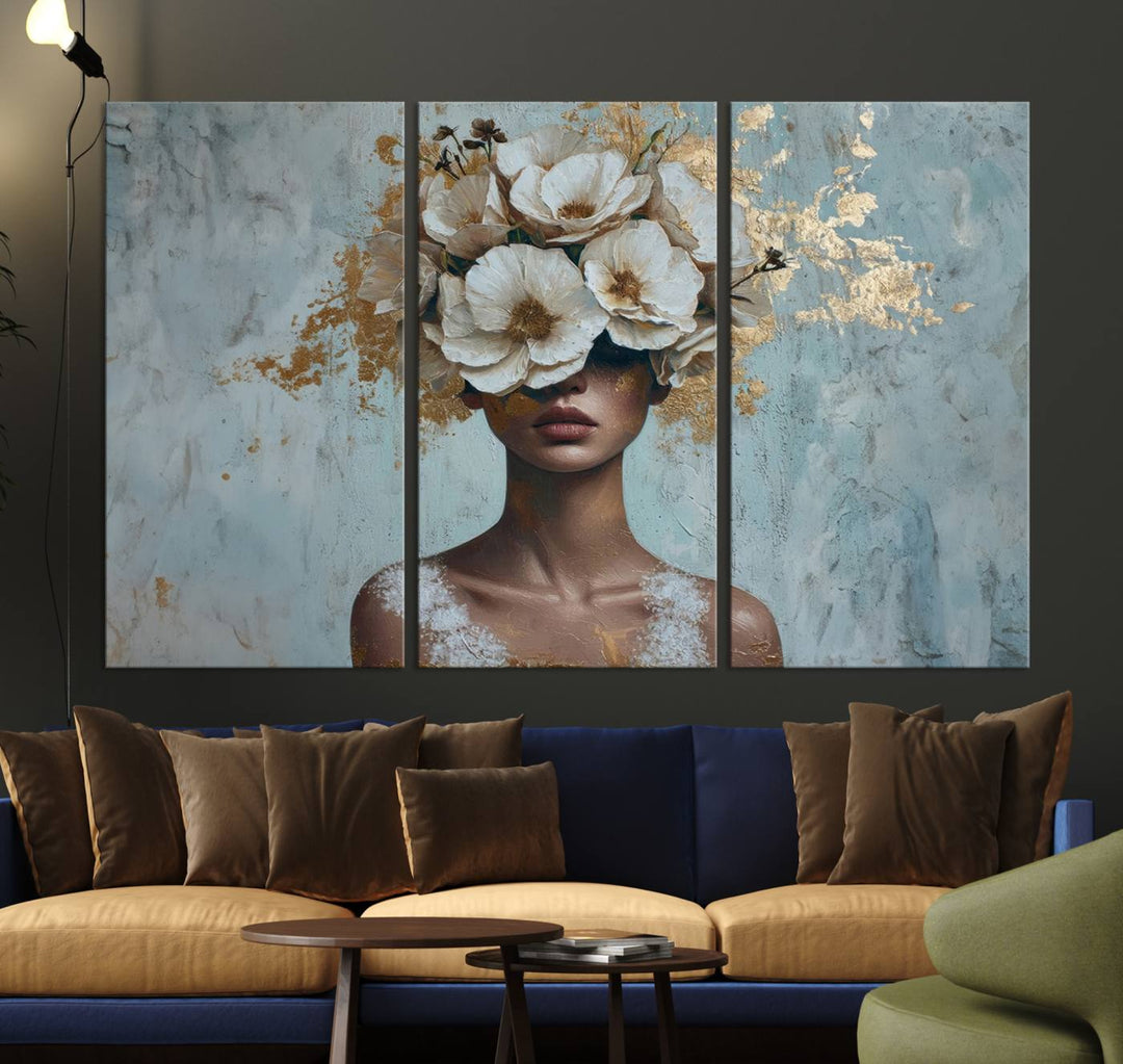 Golden Petal Wall Art - Petal Silhouette Woman Wall Art Canvas Print | Large 3-Panel Canvas with Textured Gold Floral Design | Modern Glam