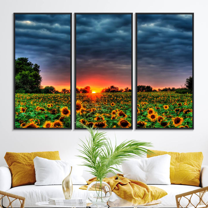 45045-MGV-FC-48X32-3P_Black-Golden Sunflower Field at Sunset – Breathtaking Sky and Vibrant Flowers, Ready to Hang Wall Art Canvas Print