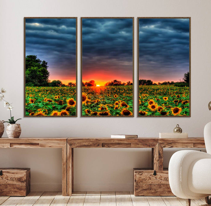 45045-MGV-FC-48X32-3P_Walnut-Golden Sunflower Field at Sunset – Breathtaking Sky and Vibrant Flowers, Ready to Hang Wall Art Canvas Print