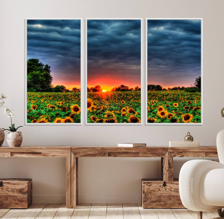45045-MGV-FC-48X32-3P_White-Golden Sunflower Field at Sunset – Breathtaking Sky and Vibrant Flowers, Ready to Hang Wall Art Canvas Print