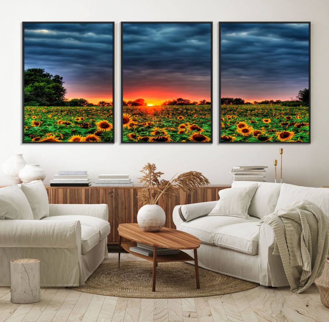 45045-MGV-FC-60X30-3P_Black-Golden Sunflower Field at Sunset – Breathtaking Sky and Vibrant Flowers, Ready to Hang Wall Art Canvas Print