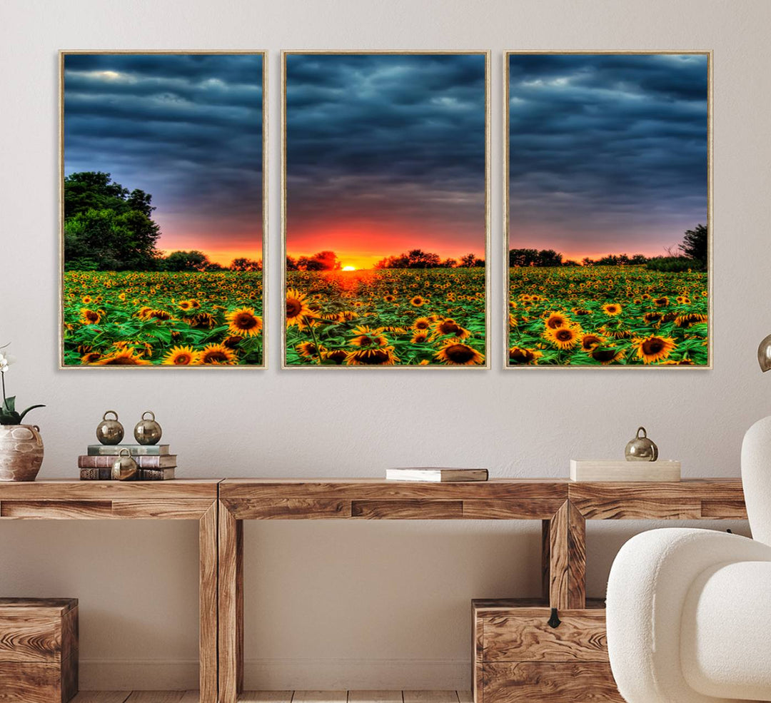 45045-MGV-FC-60X30-3P_Natural-Golden Sunflower Field at Sunset – Breathtaking Sky and Vibrant Flowers, Ready to Hang Wall Art Canvas Print