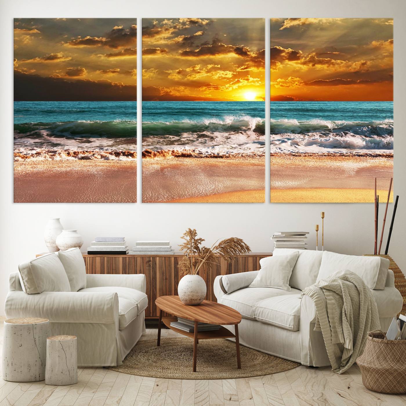 16495-MGV-CV-60X30-3P-Golden Sunset Beach Canvas Wall Art – Triptych Seascape Print – Framed and Ready to Hang for Living Room or Office