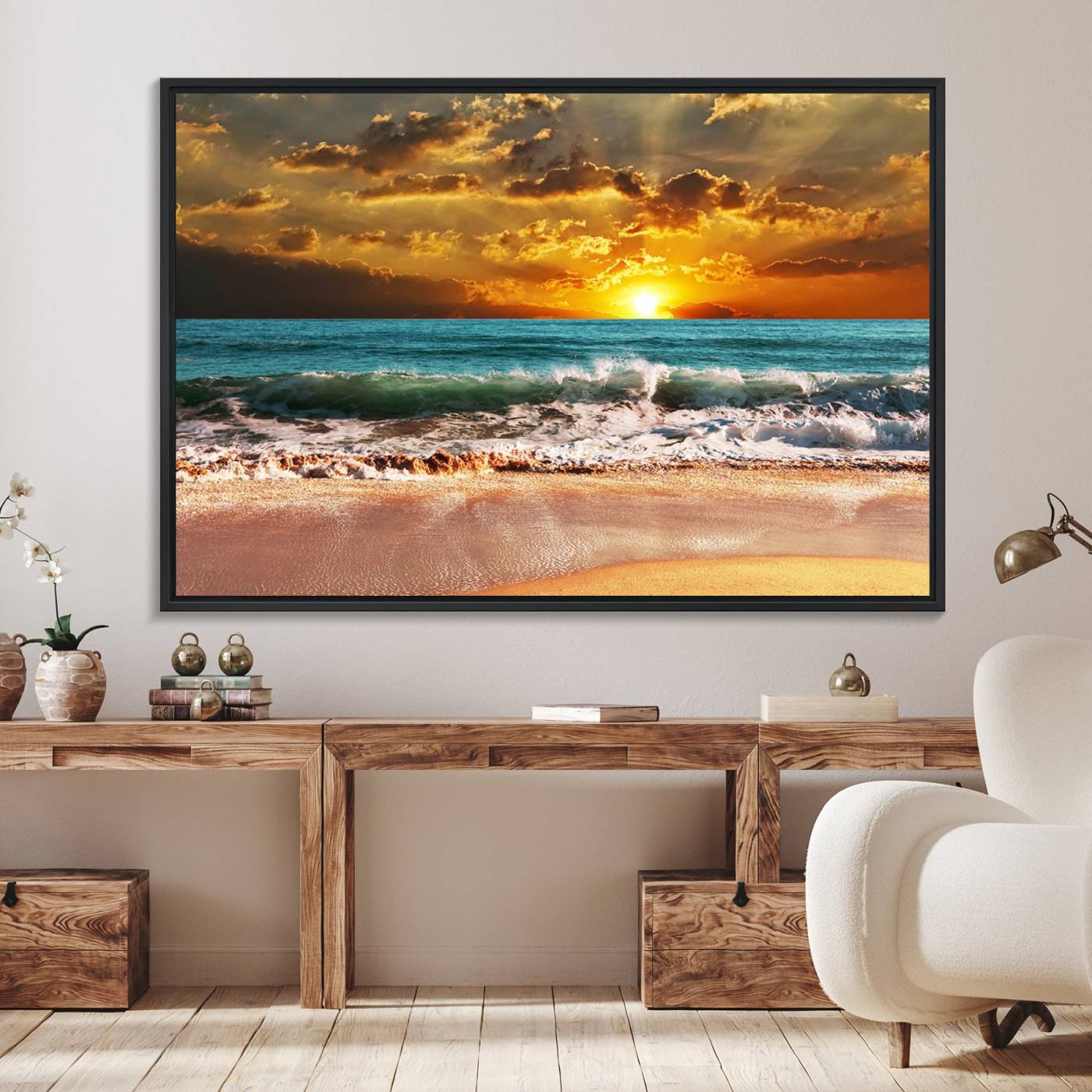 16495-MGV-FC-36X24_Black-Golden Sunset Beach Canvas Wall Art – Triptych Seascape Print – Framed and Ready to Hang for Living Room or Office