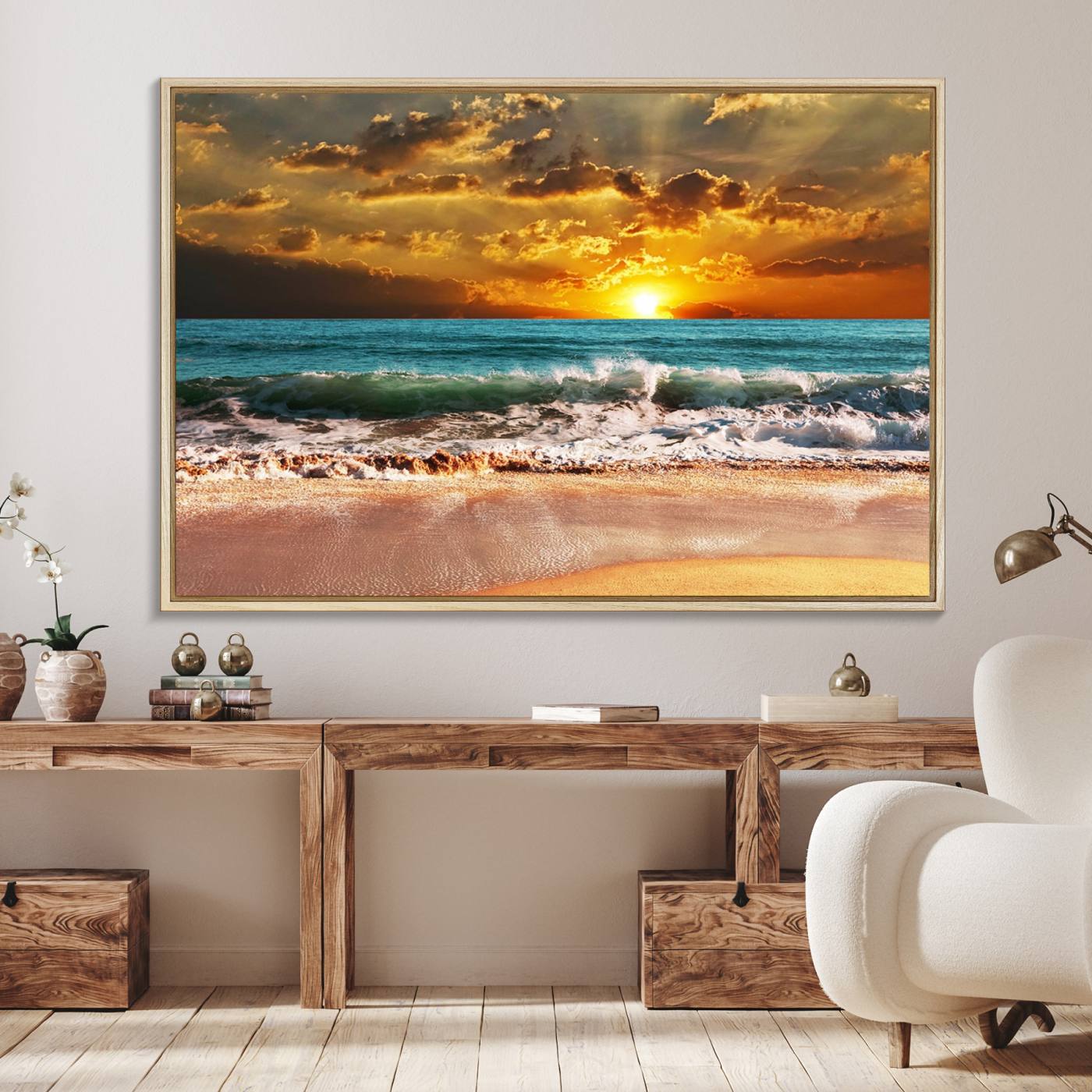 16495-MGV-FC-36X24_Natural-Golden Sunset Beach Canvas Wall Art – Triptych Seascape Print – Framed and Ready to Hang for Living Room or Office