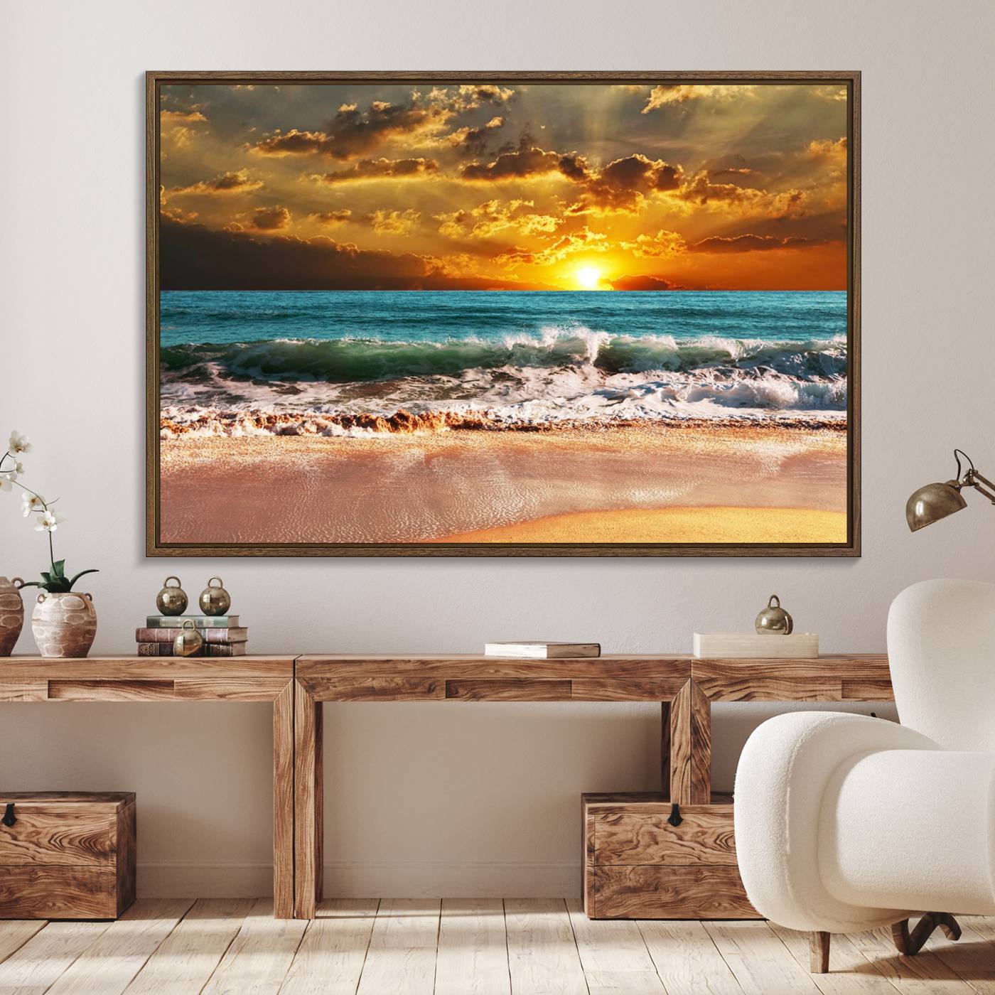 16495-MGV-FC-36X24_Walnut-Golden Sunset Beach Canvas Wall Art – Triptych Seascape Print – Framed and Ready to Hang for Living Room or Office