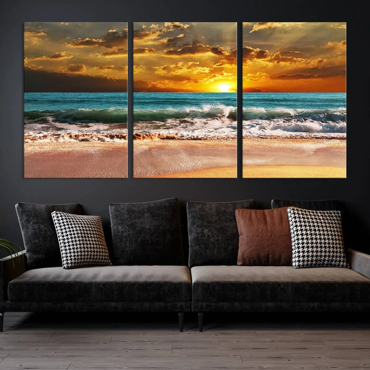 Golden Sunset Beach Canvas Wall Art, a triptych seascape print featuring a serene ocean sunset, is displayed prominently.