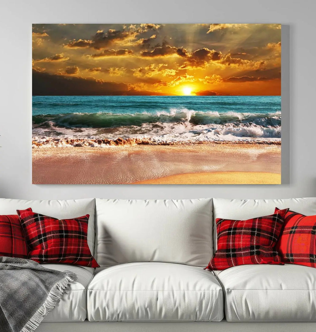 Golden Sunset Beach Canvas Wall Art, a triptych seascape print featuring a serene ocean sunset, is displayed prominently.