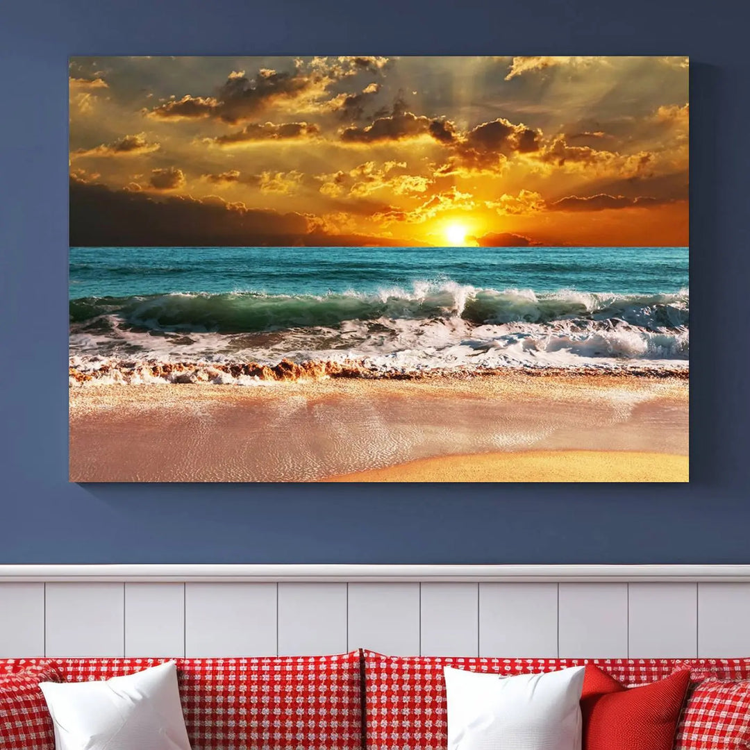 Golden Sunset Beach Canvas Wall Art, a triptych seascape print featuring a serene ocean sunset, is displayed prominently.