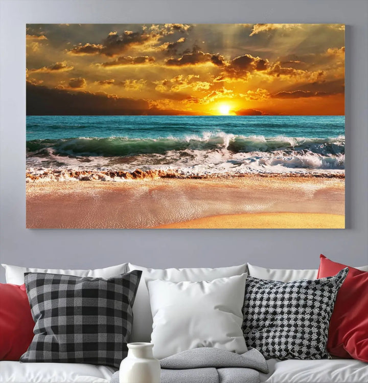 Golden Sunset Beach Canvas Wall Art, a triptych seascape print featuring a serene ocean sunset, is displayed prominently.