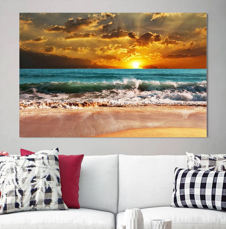 Golden Sunset Beach Canvas Wall Art, a triptych seascape print featuring a serene ocean sunset, is displayed prominently.