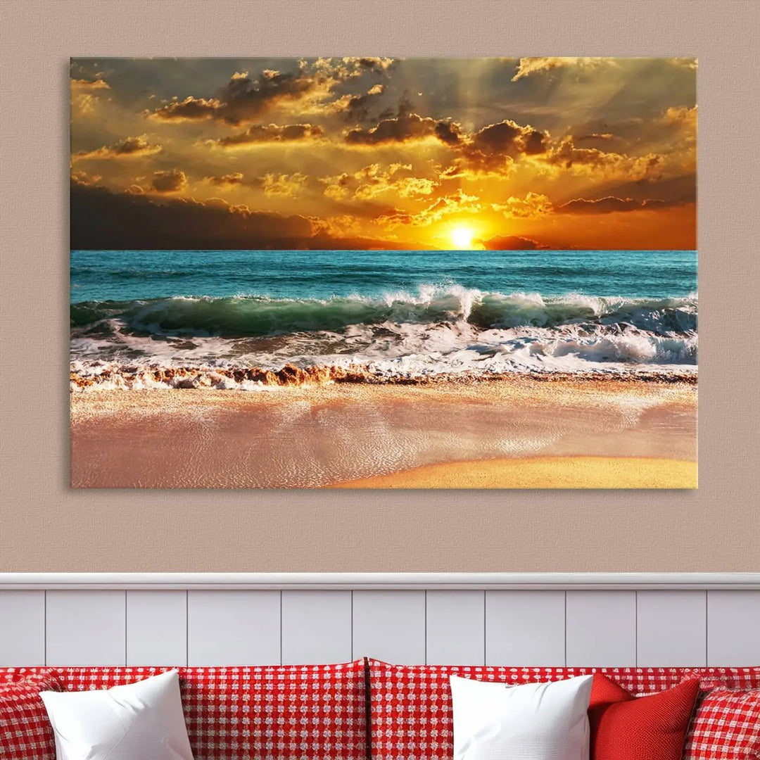 Golden Sunset Beach Canvas Wall Art, a triptych seascape print featuring a serene ocean sunset, is displayed prominently.