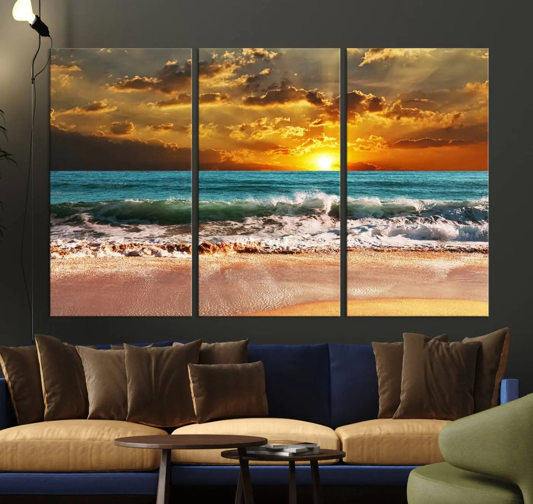 Golden Sunset Beach Canvas Wall Art, a triptych seascape print featuring a serene ocean sunset, is displayed prominently.