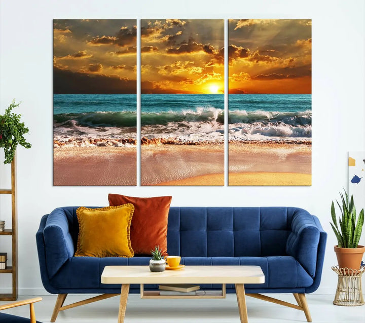 Golden Sunset Beach Canvas Wall Art, a triptych seascape print featuring a serene ocean sunset, is displayed prominently.