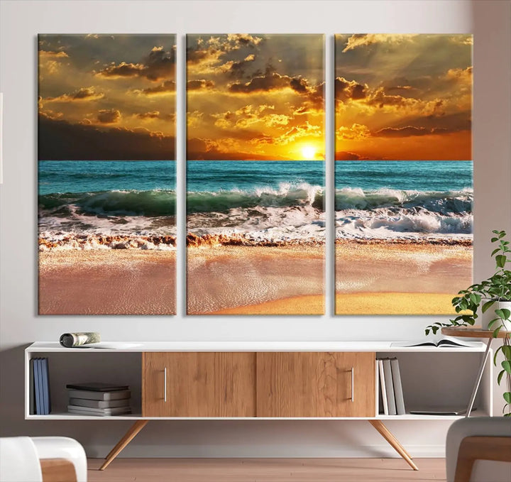 Golden Sunset Beach Canvas Wall Art, a triptych seascape print featuring a serene ocean sunset, is displayed prominently.