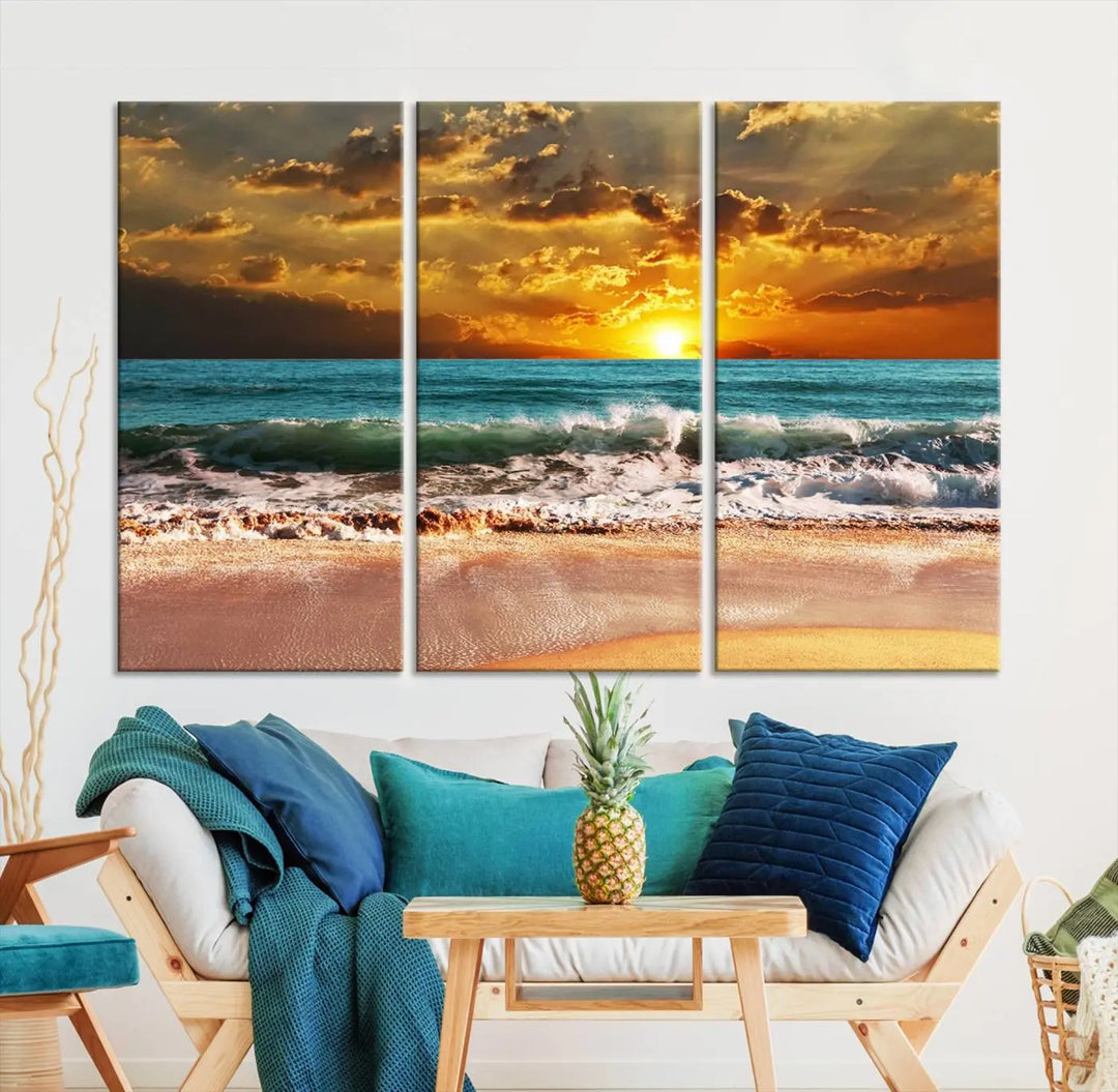 Golden Sunset Beach Canvas Wall Art, a triptych seascape print featuring a serene ocean sunset, is displayed prominently.