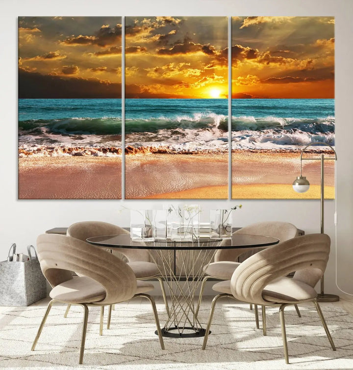 Golden Sunset Beach Canvas Wall Art, a triptych seascape print featuring a serene ocean sunset, is displayed prominently.