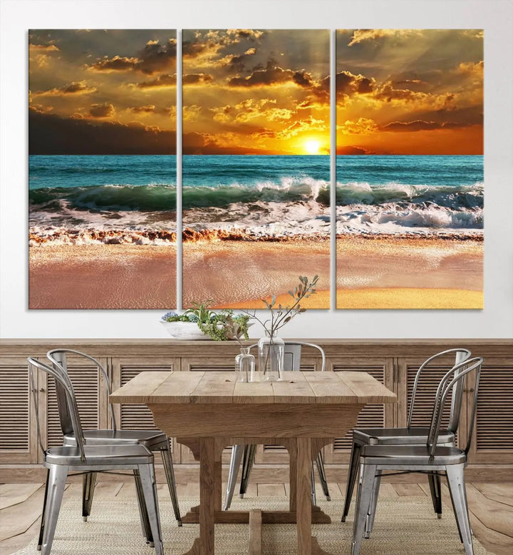 Golden Sunset Beach Canvas Wall Art, a triptych seascape print featuring a serene ocean sunset, is displayed prominently.