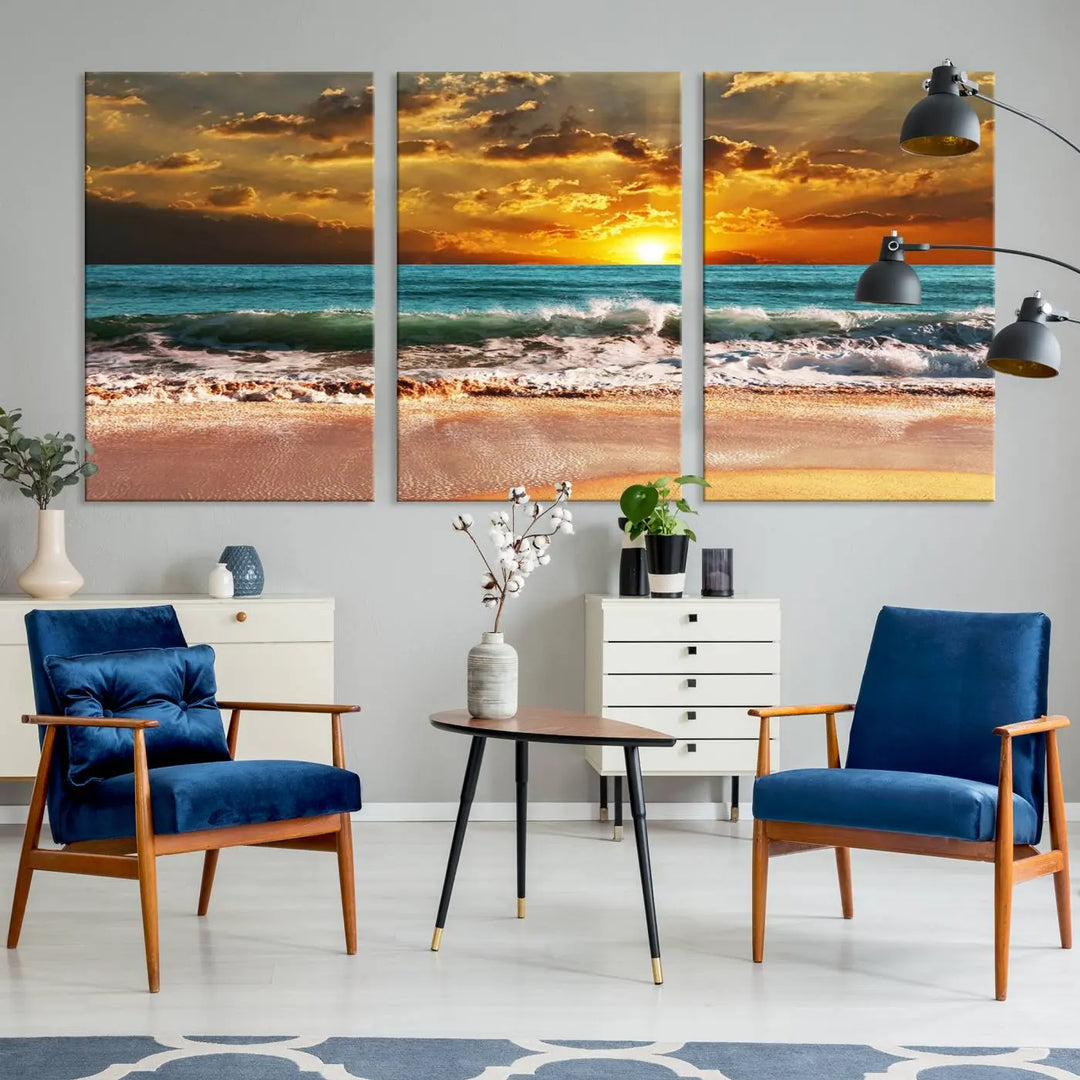 Golden Sunset Beach Canvas Wall Art, a triptych seascape print featuring a serene ocean sunset, is displayed prominently.