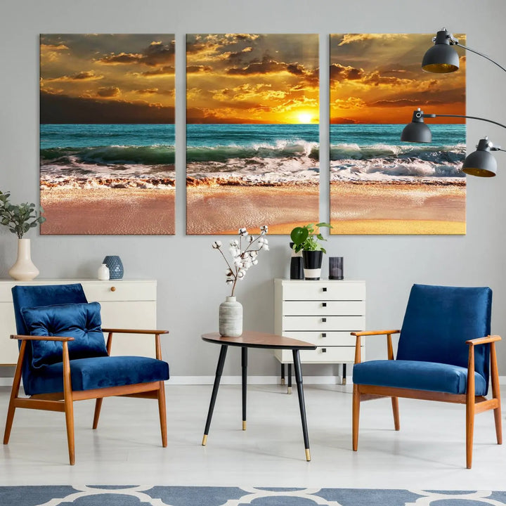 Golden Sunset Beach Canvas Wall Art, a triptych seascape print featuring a serene ocean sunset, is displayed prominently.