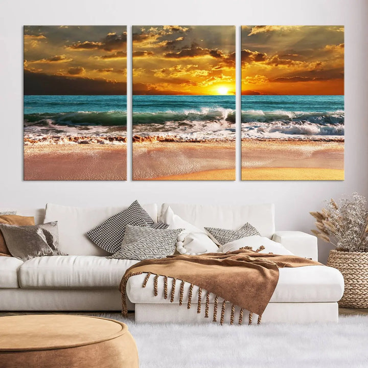 Golden Sunset Beach Canvas Wall Art, a triptych seascape print featuring a serene ocean sunset, is displayed prominently.