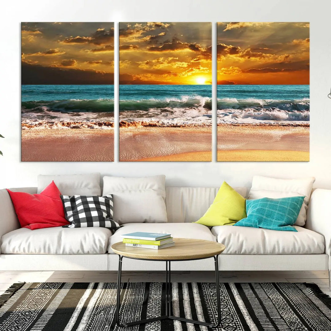 Golden Sunset Beach Canvas Wall Art, a triptych seascape print featuring a serene ocean sunset, is displayed prominently.