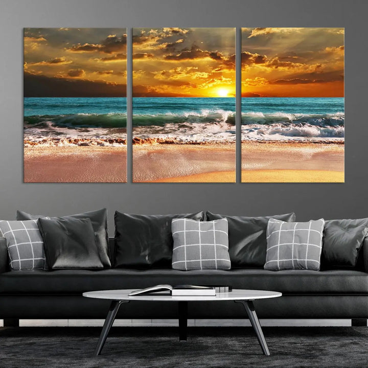 Golden Sunset Beach Canvas Wall Art, a triptych seascape print featuring a serene ocean sunset, is displayed prominently.