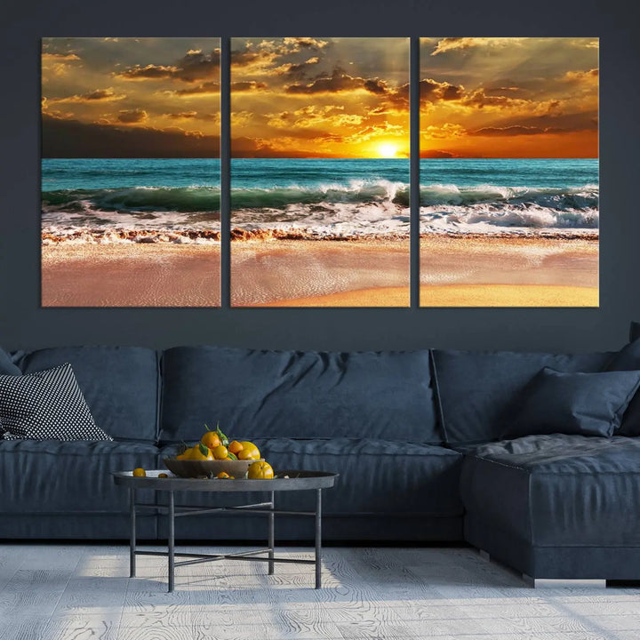 Golden Sunset Beach Canvas Wall Art, a triptych seascape print featuring a serene ocean sunset, is displayed prominently.