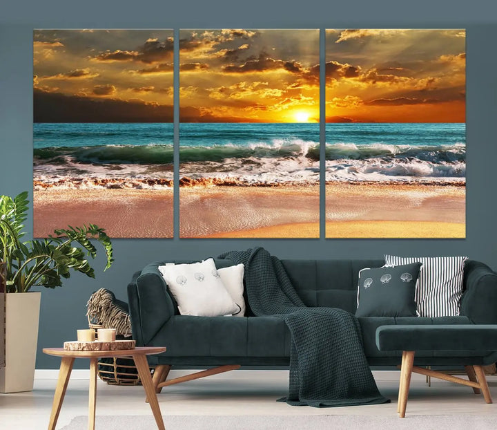 Golden Sunset Beach Canvas Wall Art, a triptych seascape print featuring a serene ocean sunset, is displayed prominently.