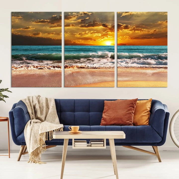 Golden Sunset Beach Canvas Wall Art, a triptych seascape print featuring a serene ocean sunset, is displayed prominently.