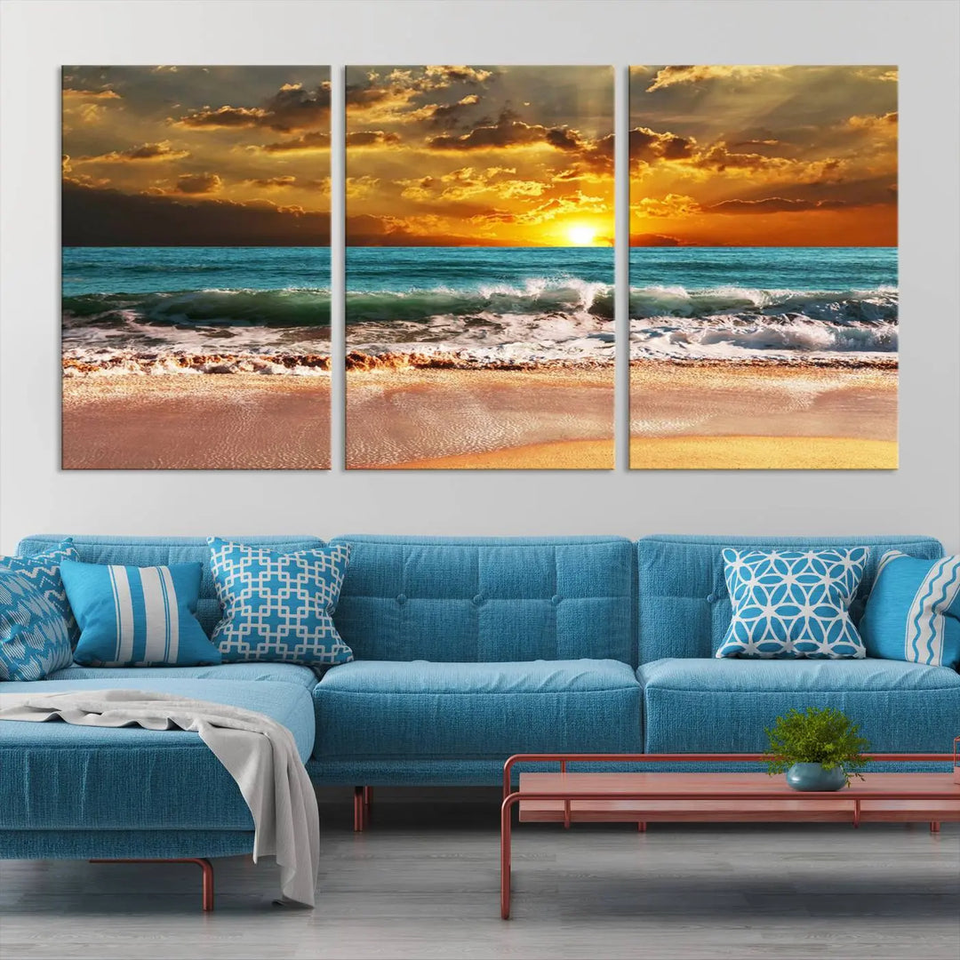 Golden Sunset Beach Canvas Wall Art, a triptych seascape print featuring a serene ocean sunset, is displayed prominently.