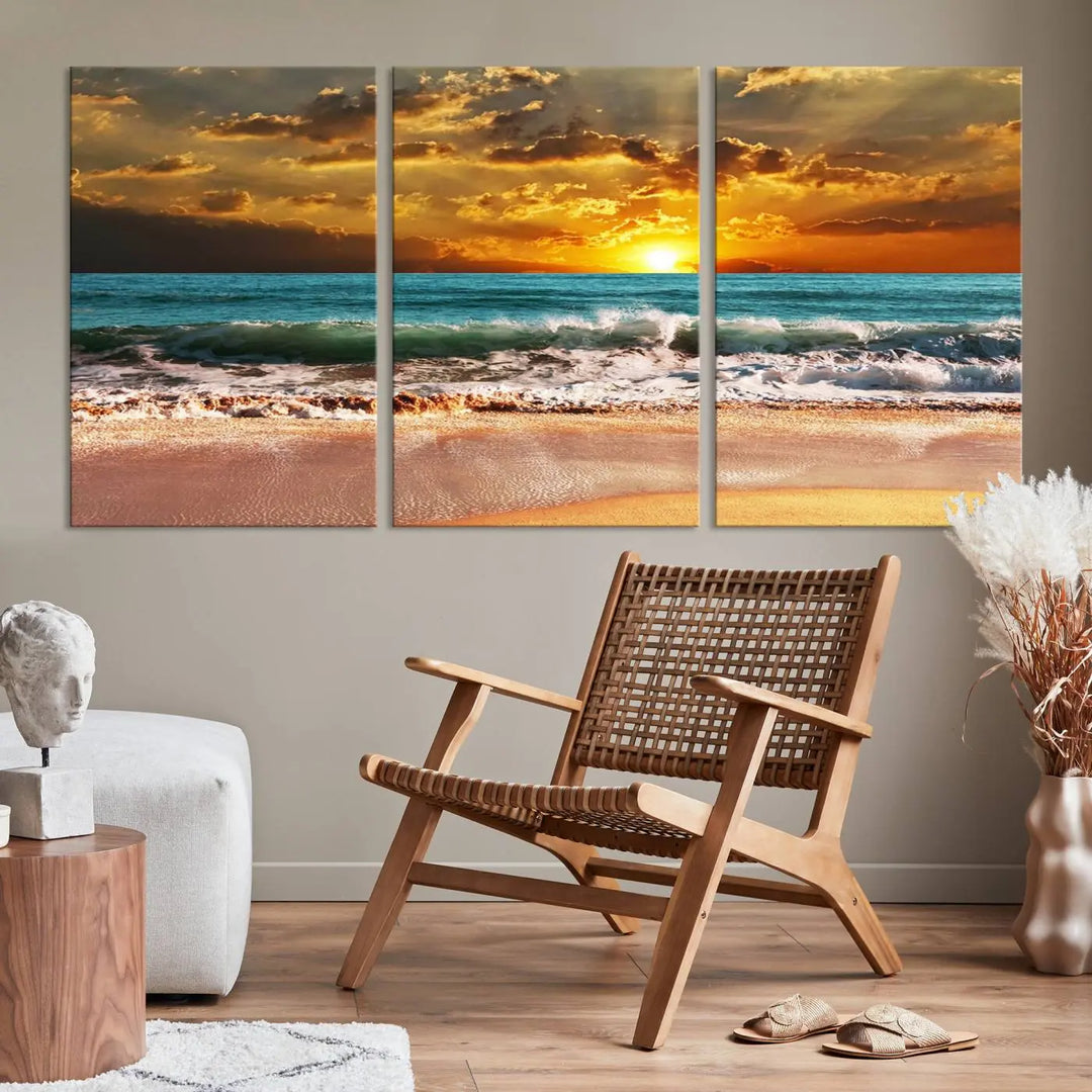 Golden Sunset Beach Canvas Wall Art, a triptych seascape print featuring a serene ocean sunset, is displayed prominently.