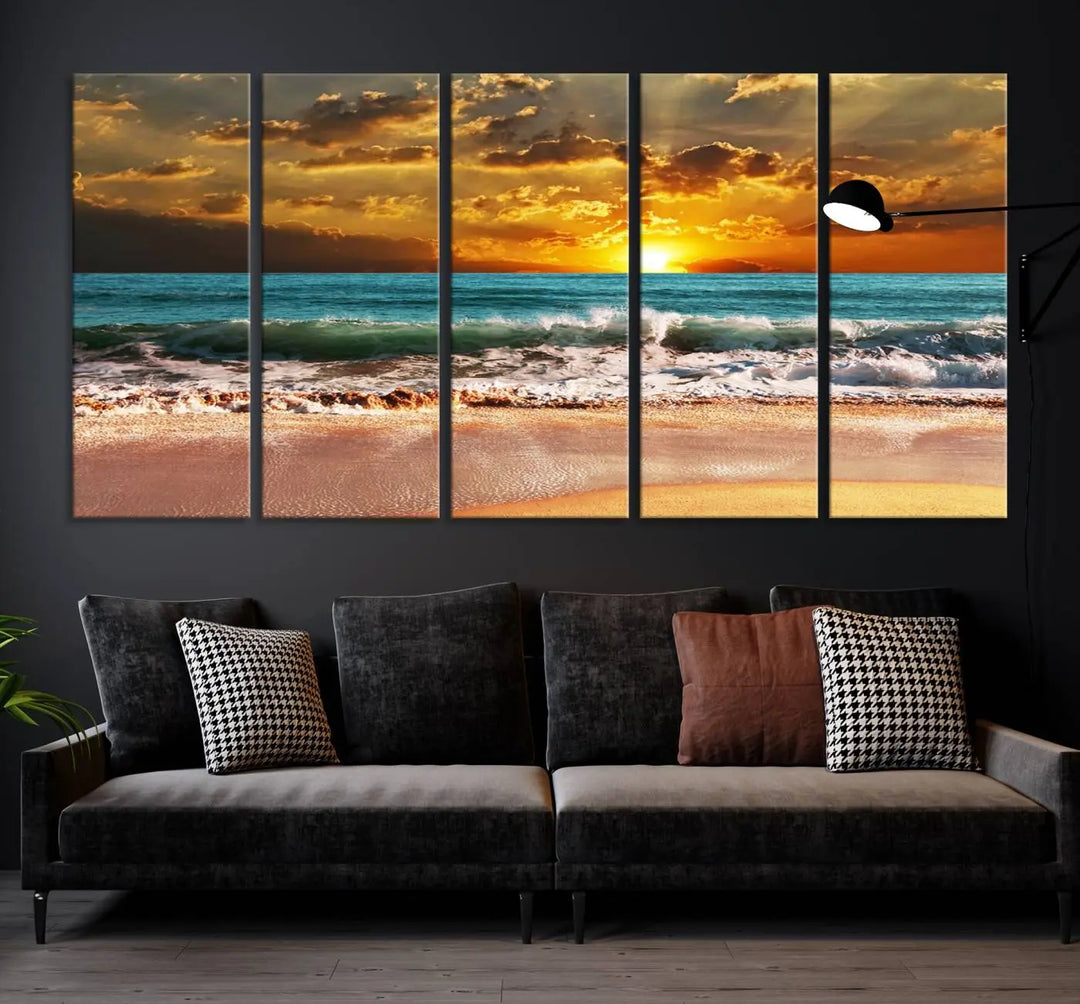 Golden Sunset Beach Canvas Wall Art, a triptych seascape print featuring a serene ocean sunset, is displayed prominently.