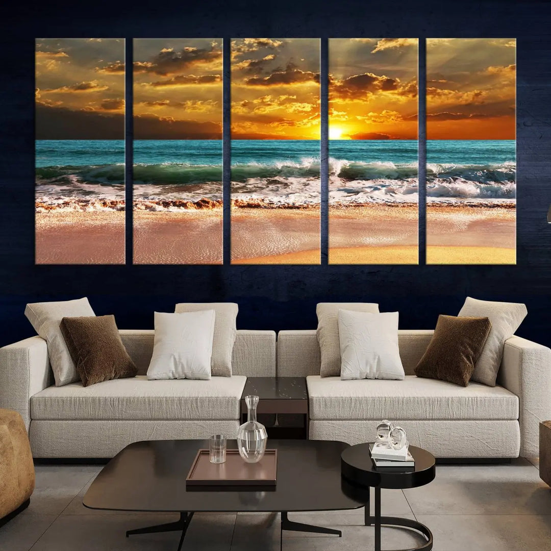 Golden Sunset Beach Canvas Wall Art, a triptych seascape print featuring a serene ocean sunset, is displayed prominently.