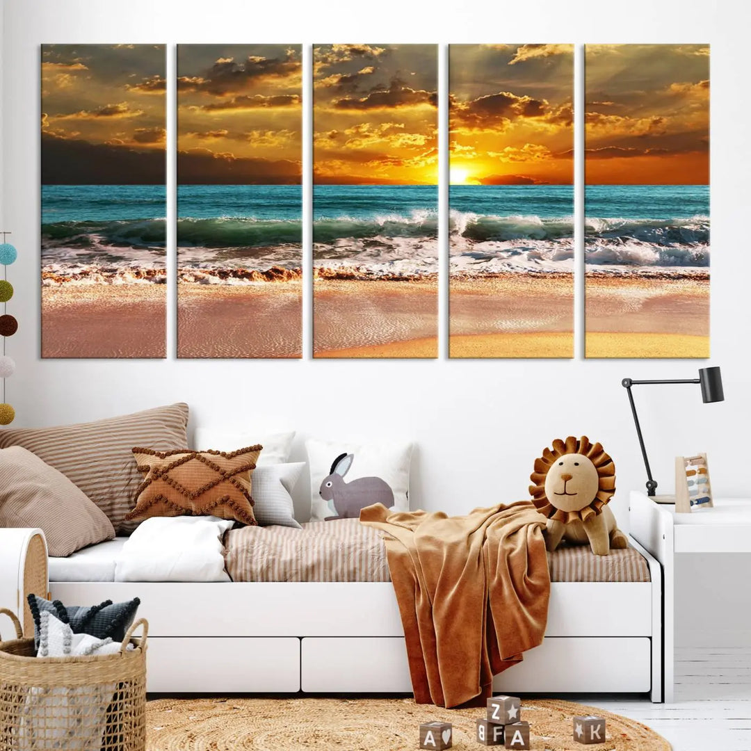 Golden Sunset Beach Canvas Wall Art, a triptych seascape print featuring a serene ocean sunset, is displayed prominently.