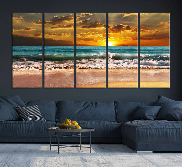 Golden Sunset Beach Canvas Wall Art, a triptych seascape print featuring a serene ocean sunset, is displayed prominently.