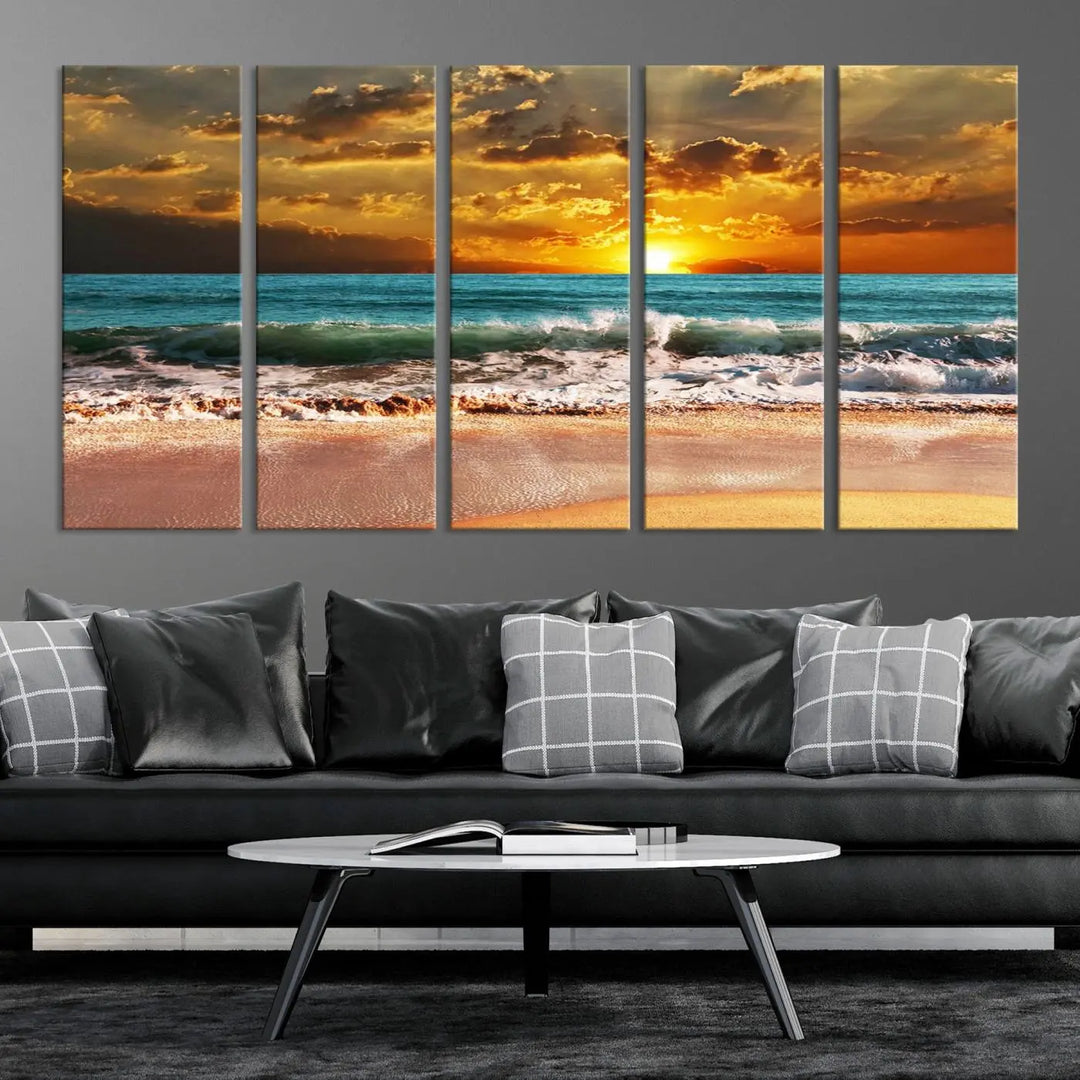 Golden Sunset Beach Canvas Wall Art, a triptych seascape print featuring a serene ocean sunset, is displayed prominently.